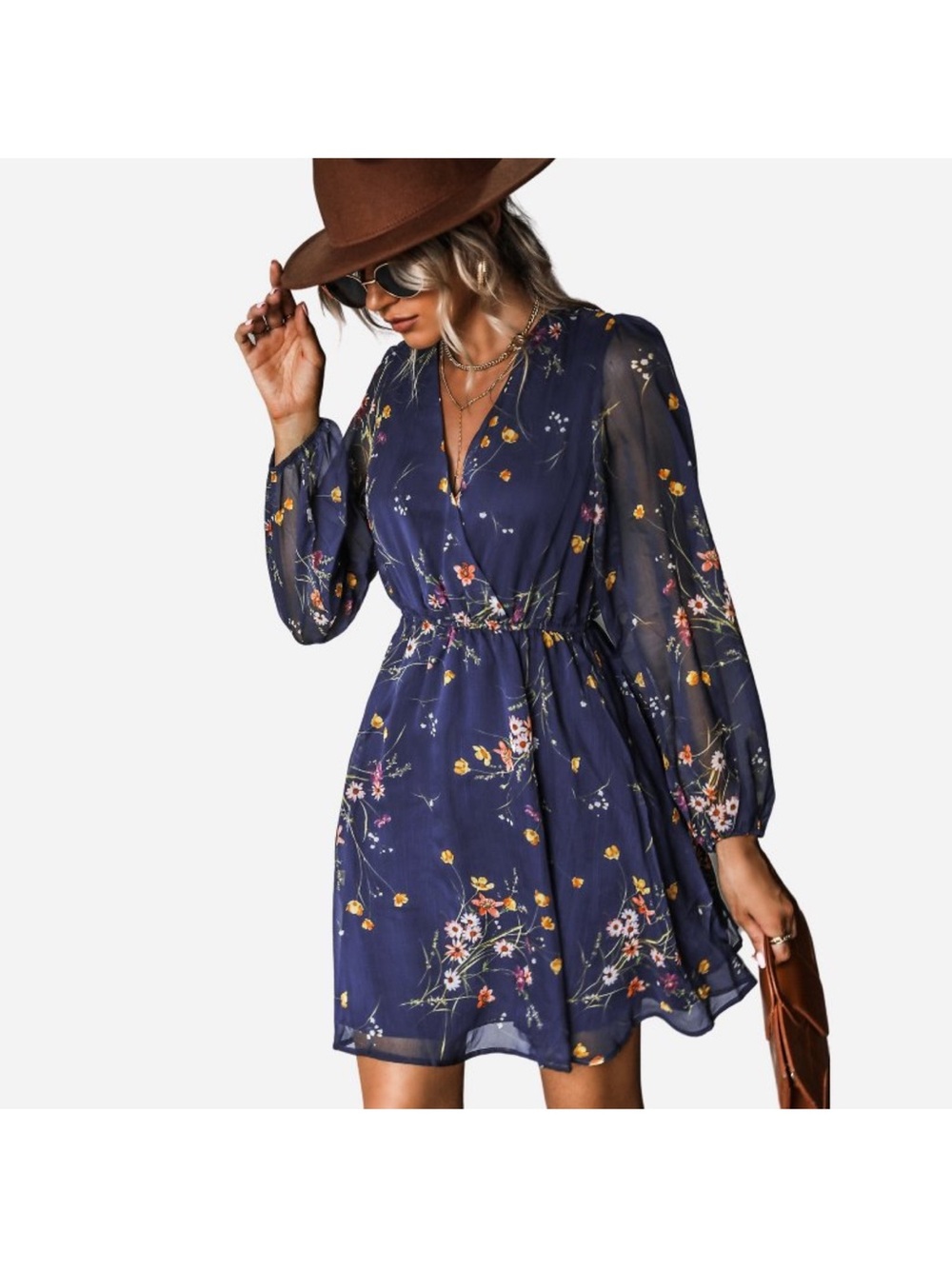Cupshe Navy Floral V-Neck Elastic Waist Long Sleeve Dress